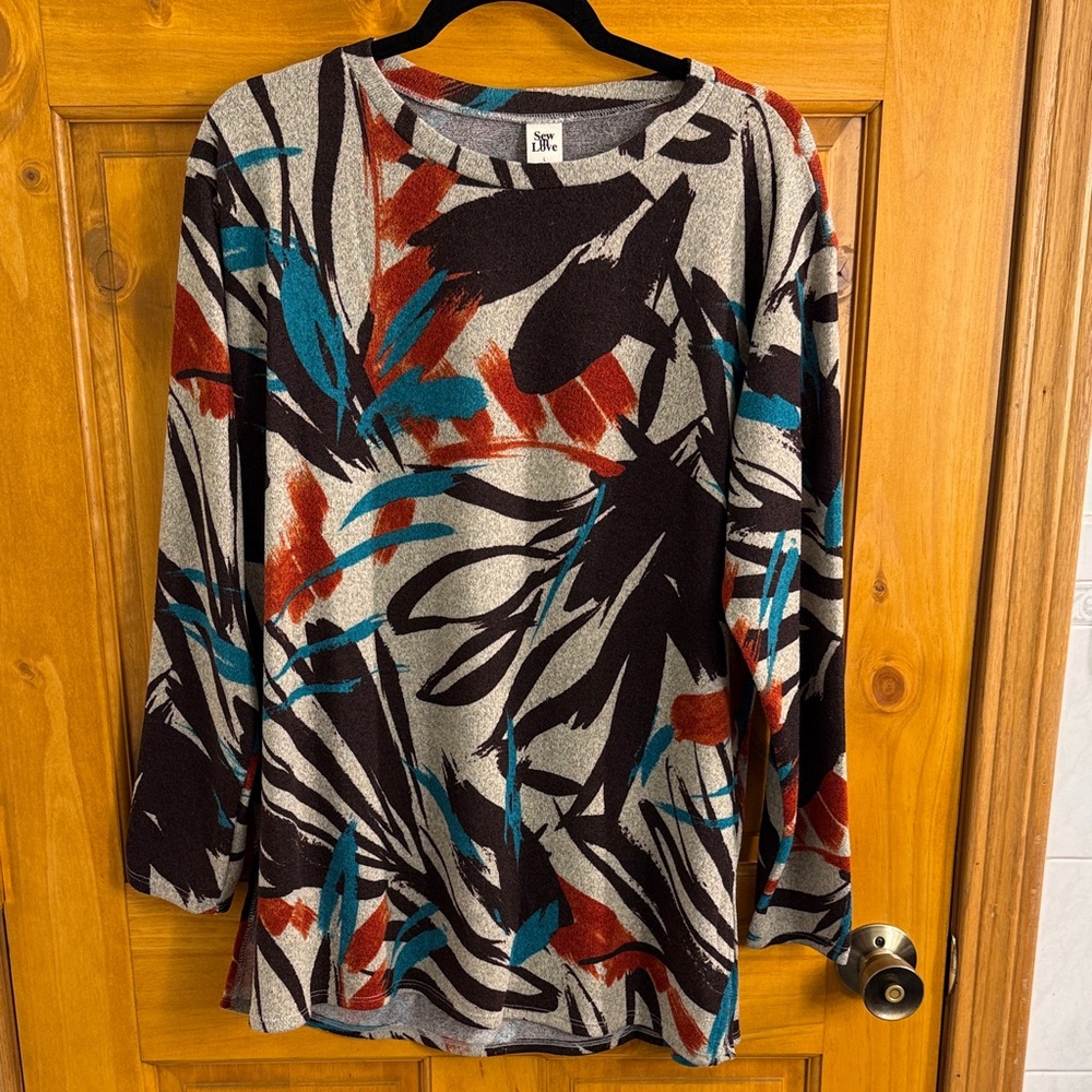 NWOT-Sew In Love Abstract Crew Neck Sweater - Browns, Orange, Teal